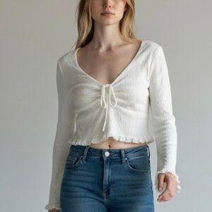 Cream Bell Sleeve Babydoll Cropped Blouse S Boho Hippie Chic Retro Artsy Coastal